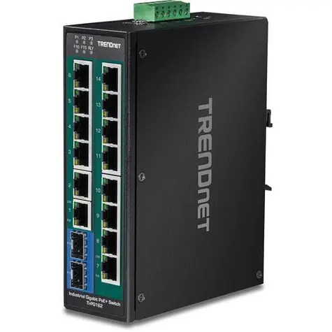 TRENDnet 16-portový průmyslový PoE+ switch / Switch / 14x Gigabit PoE+ / 2x SFP / 240 W / unmanaged / DIN-Rail