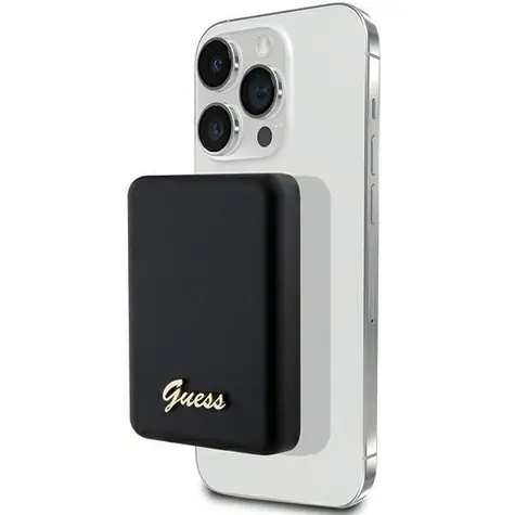 Guess Metal Script Logo MagSafe černá / Powerbanka / 3000 mAh / bezdrátové nabíjení 5W
