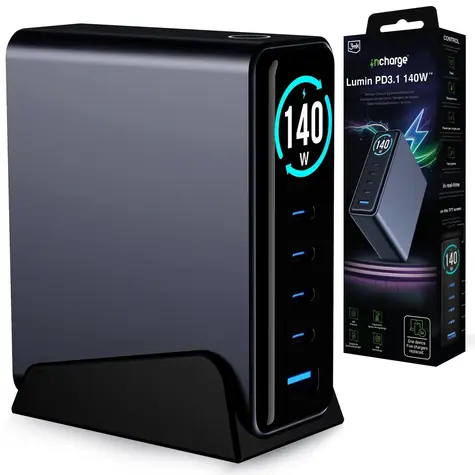 3mk InCharge Lumin Desktop 140W černá / Nabíječka / GaN3 / TFT displej / 1x USB-A + 4x USB-C / PD3.2 / QC5