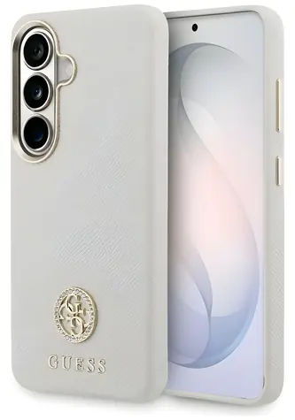 Guess Rhinestone Round Logo MagSafe béžová / Zadní kryt pro Samsung Galaxy S26 / MagSafe / štrasové kamínky