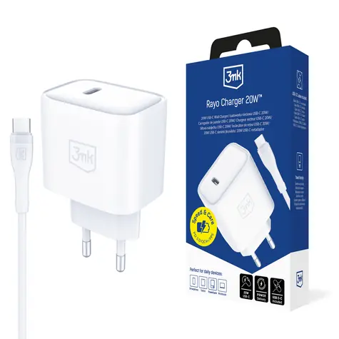3mk Rayo bílá / Síťová nabíječka / USB-C PD3.0 PPS 20 W / Kabel USB-C - USB-C 3A 60 W
