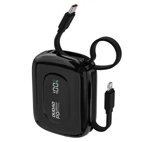 Dudao K32 10000mAh černá / Powerbanka / s vestavěným kabelem / USB-C / Lightning / 22.5W