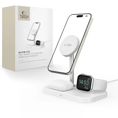 Tech-Protect QI15W-A22 MagSafe bílá / Bezdrátová nabíječka / 3v1 stojánek / 15W / pro iPhone, Apple Watch a AirPods