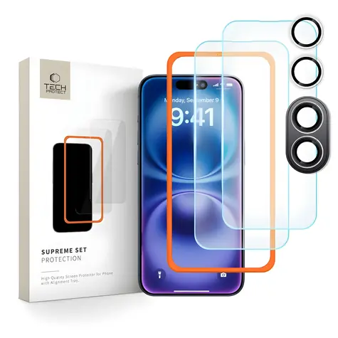 Tech-Protect Supreme Set čirá / Tvrzené sklo / Apple iPhone 16 / 3 ks