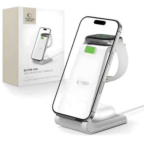 Tech-Protect QI15W-A36 bílá / Bezdrátová nabíjecí stanice / 3v1 / 15W / pro Apple