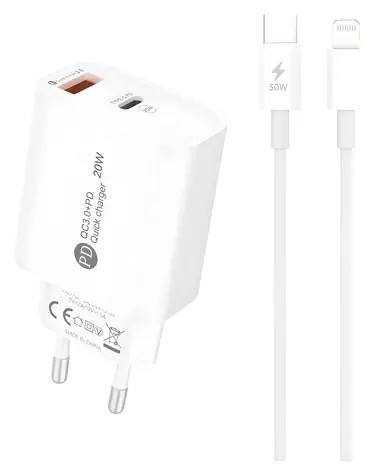 Hurtel A6MaxL bílá / Nabíječka / USB-A, USB-C / 20W / kabel USB-C-Lightning 1m