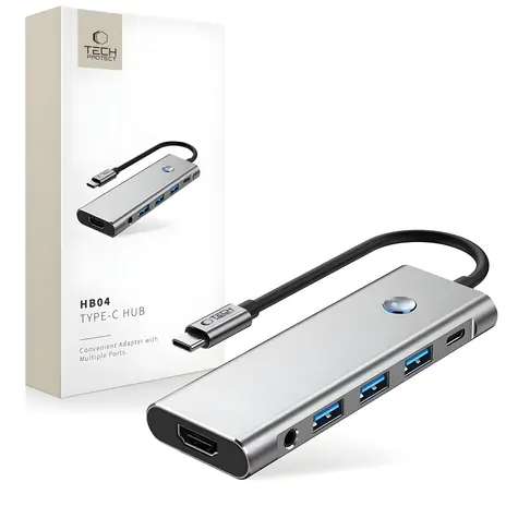 Tech-Protect HB04 šedá / USB-C hub 9v1 / HDMI 4K 60Hz / PD 100W / SD/microSD čtečka / USB 3.0