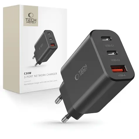 Tech-Protect NC30W černá / Nabíječka / 2x USB-C PD 30W / USB-A QC 3.0