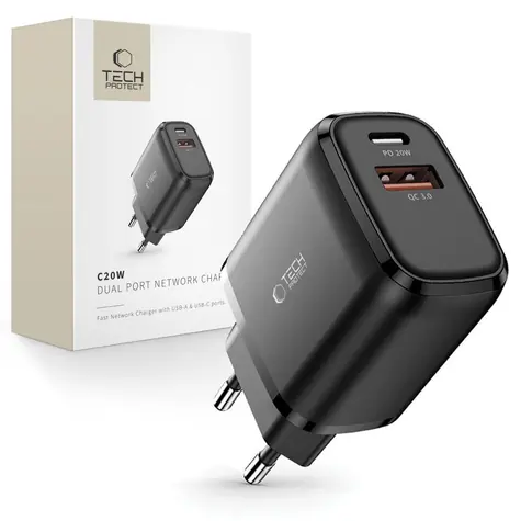 Tech-Protect C20W černá / Síťová nabíječka / USB-C PD 20W / USB-A QC 3.0