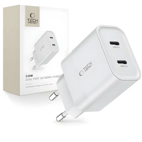 Tech-Protect C20W bílá / Nabíječka / 2x USB-C / PD 20W