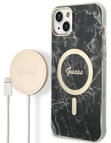 Guess Marble MagSafe černá / Sada kryt a bezdrátová nabíječka / Apple iPhone 14 / 6,1