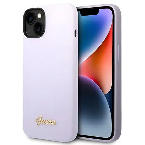 Guess Silicone Vintage Gold Logo fialová / Kryt / Apple iPhone 14, 15 Plus / Silikonový