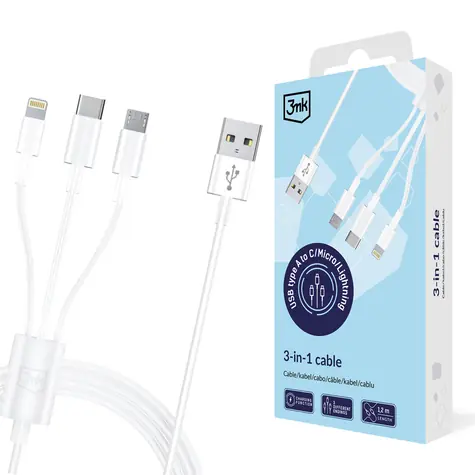 3mk Cable 3in1 bílý / Kabel / 3v1 USB-A - Lightning/USB-C/microUSB / 1,2 m / 15 W