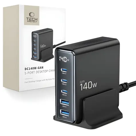 Tech-Protect DC140W-GAN černá / Nabíjecí stanice / GaN / 5 portů / PD 140W / QC 3.0