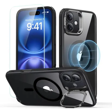 ESR Classic Hybrid HaloLock černá / Pouzdro se stojánkem + ochranné sklo / Apple iPhone 16 / MagSafe