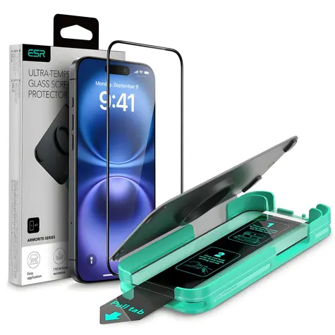ESR Armorite černá / Ochranné sklo / Apple iPhone 16 / s instalačním rámečkem a aplikátorem