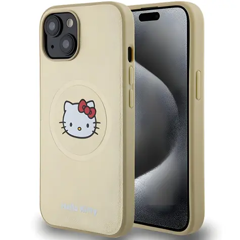 Hello Kitty Kitty Head kožené MagSafe pouzdro pro iPhone 15 zlatá / Pouzdro / Kožené / MagSafe