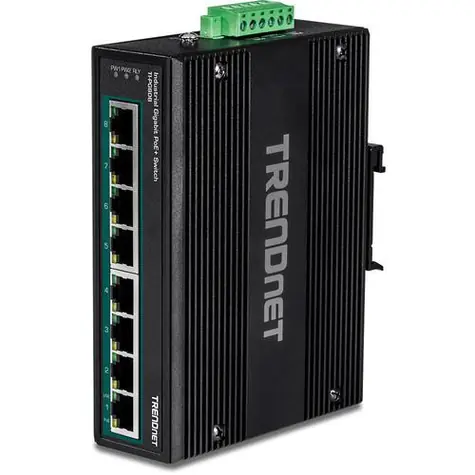 TRENDnet TI-PG80B / Průmyslový switch / 8x Gigabit PoE+ / 200 W / 16 Gbit/s / DIN-Rail