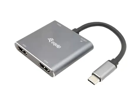 Equip USB-C MST hub stříbrná / USB-C adaptér / 2x HDMI 4K/30Hz / PD 100W / USB-A 3.2 / kabel 0,15 m