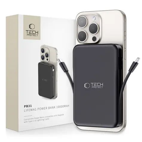 Tech-Protect LifeMag PB31 černá / Powerbanka / MagSafe / 10000mAh / USB-C / USB-A / Lightning