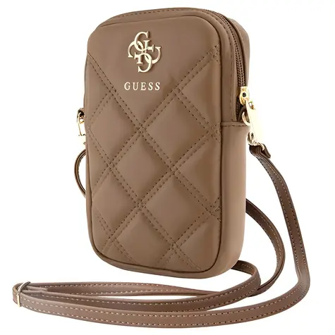 Guess PU Quilted 4G Metal Logo hnědá / Taška na telefon / Se zipem