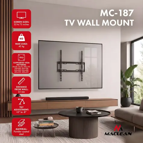 Maclean MC-187 černá / Nástěnný držák pro TV / VESA max. 400x400 mm / 32-75