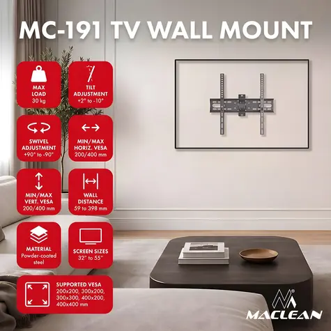Maclean nástěnný držák TV černá / Nástěnný držák pro TV / VESA 200x200-400x400 mm / 32-55