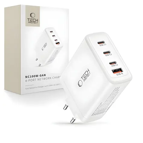 Tech-Protect NC100W-GAN bílá / Nabíjecí adaptér / GaN / 3x USB-C / 1x USB-A / PD, QC 3.0