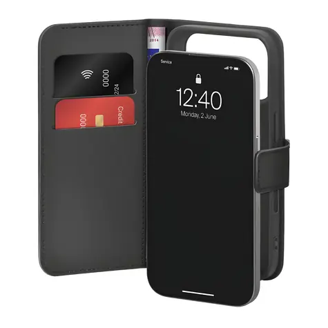 Puro Wallet Stand černá / Pouzdro / iPhone 17 Pro / Eko-kůže / Peněženka a stojánek