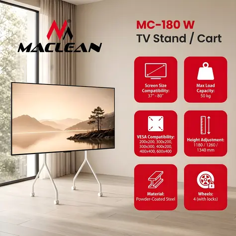 Maclean MC-180 W bílá / Pojízdný stojan pro TV / 37-80