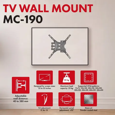 Maclean nástěnný držák TV černá / Nástěnný držák pro TV / VESA 75x75-400x400 mm / 32-55