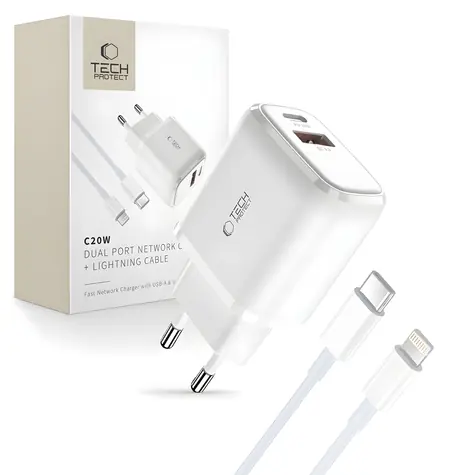 Tech-Protect C20W bílá / Síťová nabíječka / USB-C PD 20W / USB-A QC 3.0 / kabel USB-C - Lightning