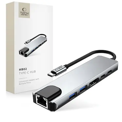 Tech-Protect HB02 šedá / USB-C hub 6v1 / HDMI 4K/30Hz / RJ45 / PD 100W