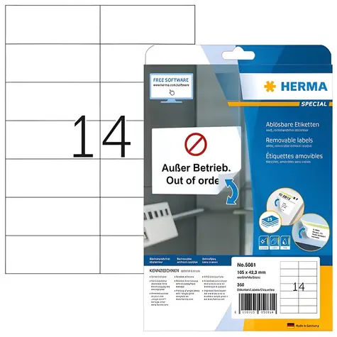 HERMA Univerzální etikety 105x42,3 mm / bílé, snímatelné / papír / 25 listů / 350 ks