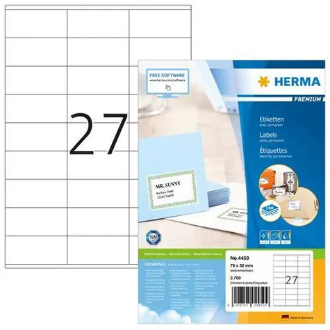 HERMA Etikety Premium A4 bílé 70x32 mm / Etikety / Papír / 100 listů / 2700 ks