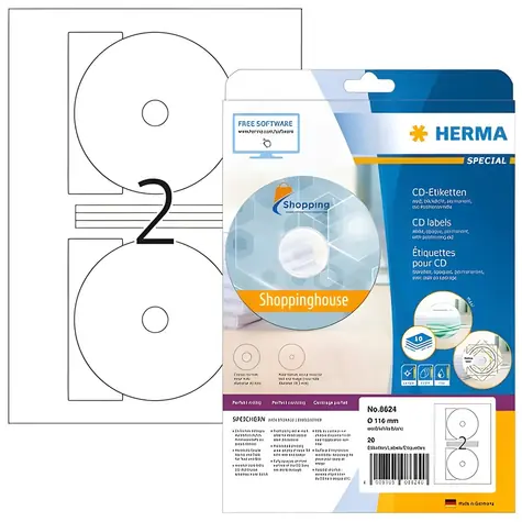HERMA Etikety na CD/DVD 116 mm bílé / Etikety / Papír neprůhledný / 20 ks / 10 listů A4