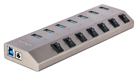 StarTech USB hub 7 portů šedá / USB rozbočovač / USB 3.2 Gen 1 / jednotlivé vypínače portů / s napájecím adaptérem