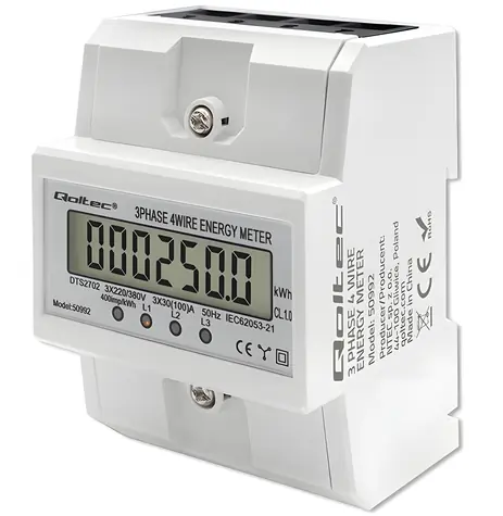 Qoltec Elektroměr 3-fázový na DIN lištu / Elektroměr / 400V / 100A / LCD / 4P