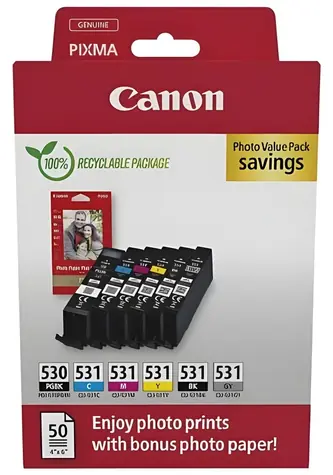 Canon PGI-530/CLI-531 PGBK/C/M/Y/BK/GY Photo Value / Sada cartridge / Originální / 6 ks + fotopapír