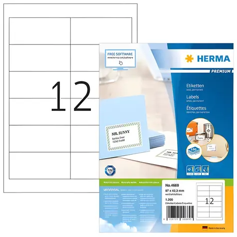HERMA Etikety Premium A4 bílé 97x42,3 mm / Etikety / Papír / 100 listů / 1200 ks
