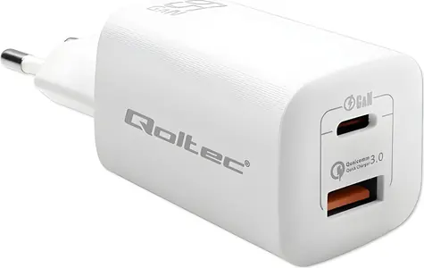 Qoltec 50765 GaN ULTRA nabíječka bílá / Nabíječka / 65W / 1x USB-A QC3.0 + 1x USB-C PD / 5-20V