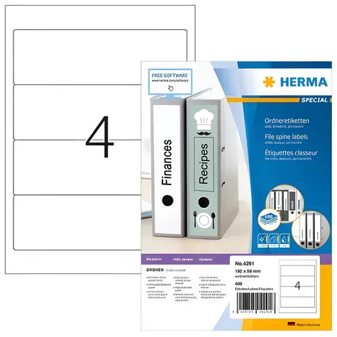 HERMA Etikety na pořadače 192x59 mm / bílé, krycí / 100 listů / 400 ks