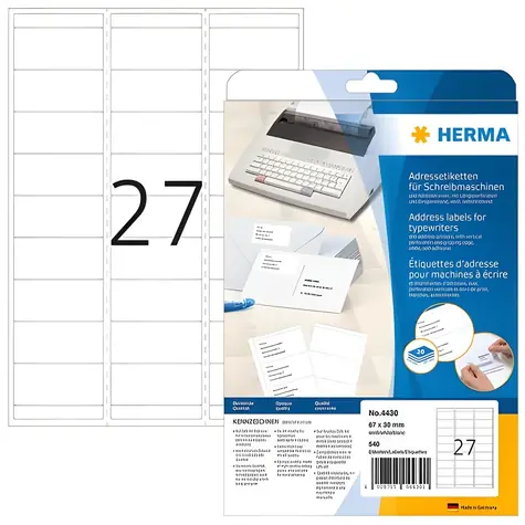 HERMA Adresní etikety 67x30 mm bílé / Etikety / papír matný / 540 ks / 20 listů