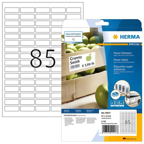 Herma Etikety 37x13 mm bílé extra silně lepící / Etikety / Papír / 2125 ks / A4