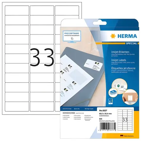 HERMA Etikety pro inkoustové tiskárny 63,5x25,4 mm bílé / Etikety / Papír matný / 25 listů / 825 ks
