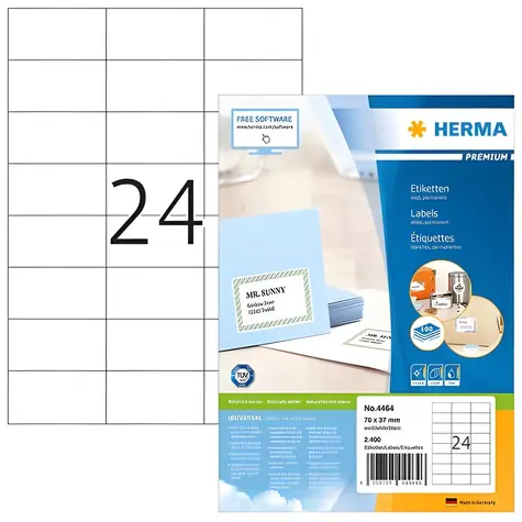 Herma Etikety Premium A4 70x37 mm bílé / Etikety / papír matný / permanentní lepení / 2400 ks / 100 listů