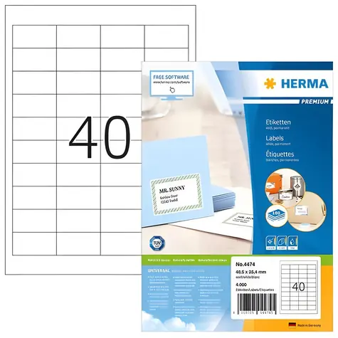 Herma Etikety Premium A4 48,5x25,4 mm bílé / Etikety / papír matný / permanentní lepení / 4000 ks / 100 listů