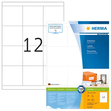 HERMA Etikety Premium A4 bílá / Etikety / 70x67,7 mm / 2400 ks / Papír