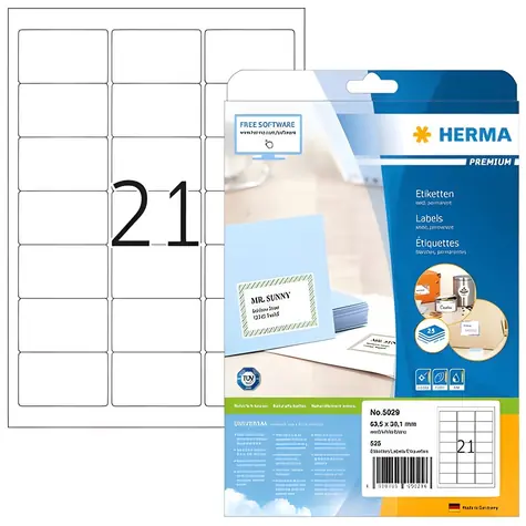 HERMA Adresní etikety A4 bílé 63,5x38,1 mm / Papír / Laser/Inkjet / 525 ks