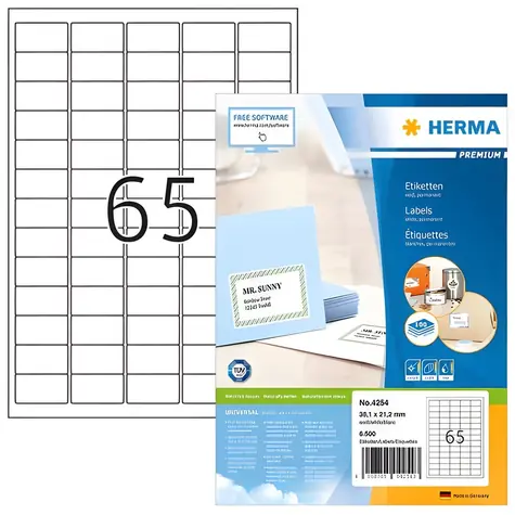 HERMA Adresní etikety A4 bílé 38,1x21,2 mm / Etikety / papír / 6500 ks / 100 listů